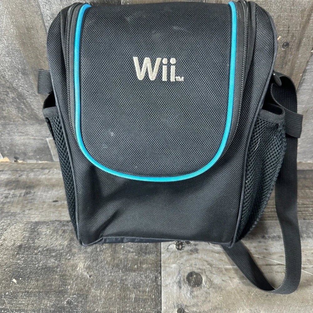 Nintendo Wii Travel Messenger Bag Console Carrying Case Black & Blue